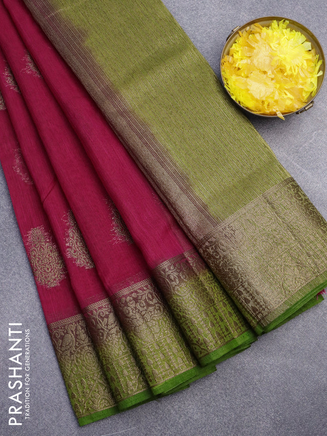 Banarasi semi matka saree pink and mehendi green with antique zari woven buttas and antique zari border