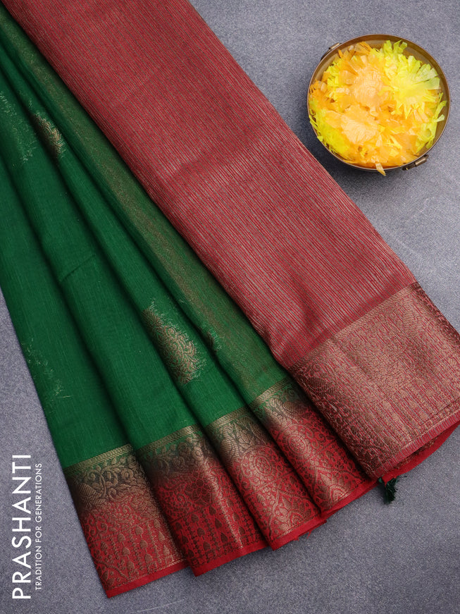 Banarasi semi matka saree green and red with antique zari woven buttas and antique zari border