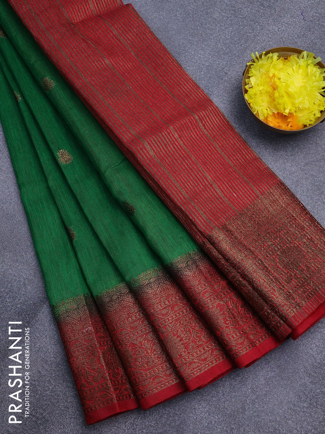 Banarasi semi matka saree green and red with antique zari woven buttas and antique zari border