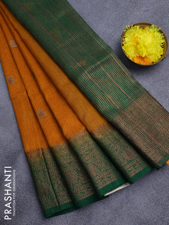 Banarasi semi matka saree mango yellow and green with antique zari woven buttas and antique zari border