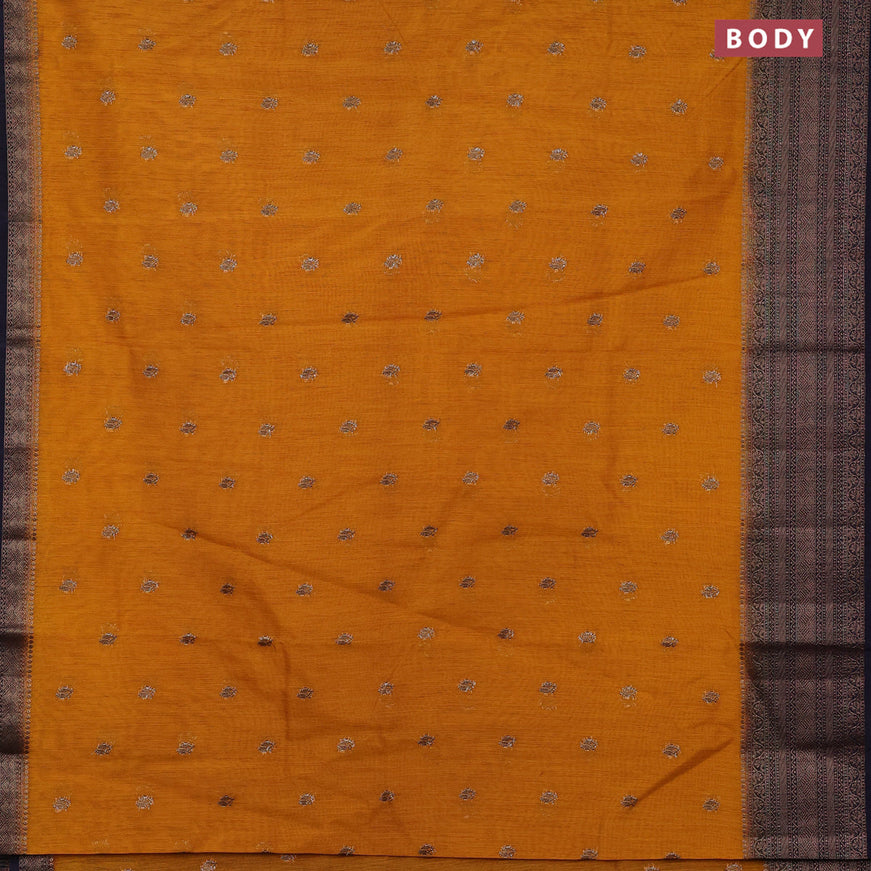 Banarasi semi matka saree mango yellow and dark blue with antique zari woven buttas and antique zari border