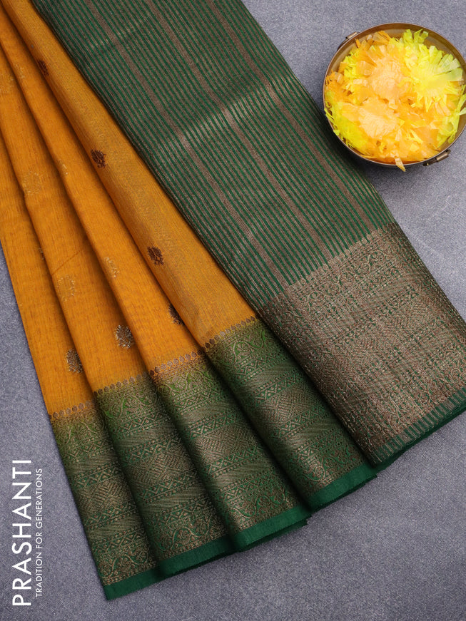 Banarasi semi matka saree mango yellow and green with antique zari woven buttas and antique zari border