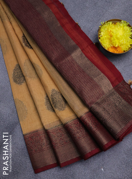 Banarasi semi matka saree sandal and maroon with antique zari woven buttas and antique zari border