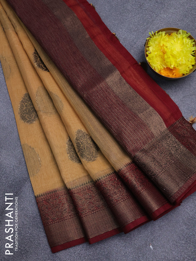 Banarasi semi matka saree sandal and maroon with antique zari woven buttas and antique zari border