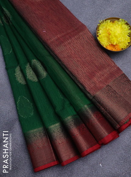 Banarasi semi matka saree green and red with antique zari woven buttas and antique zari border