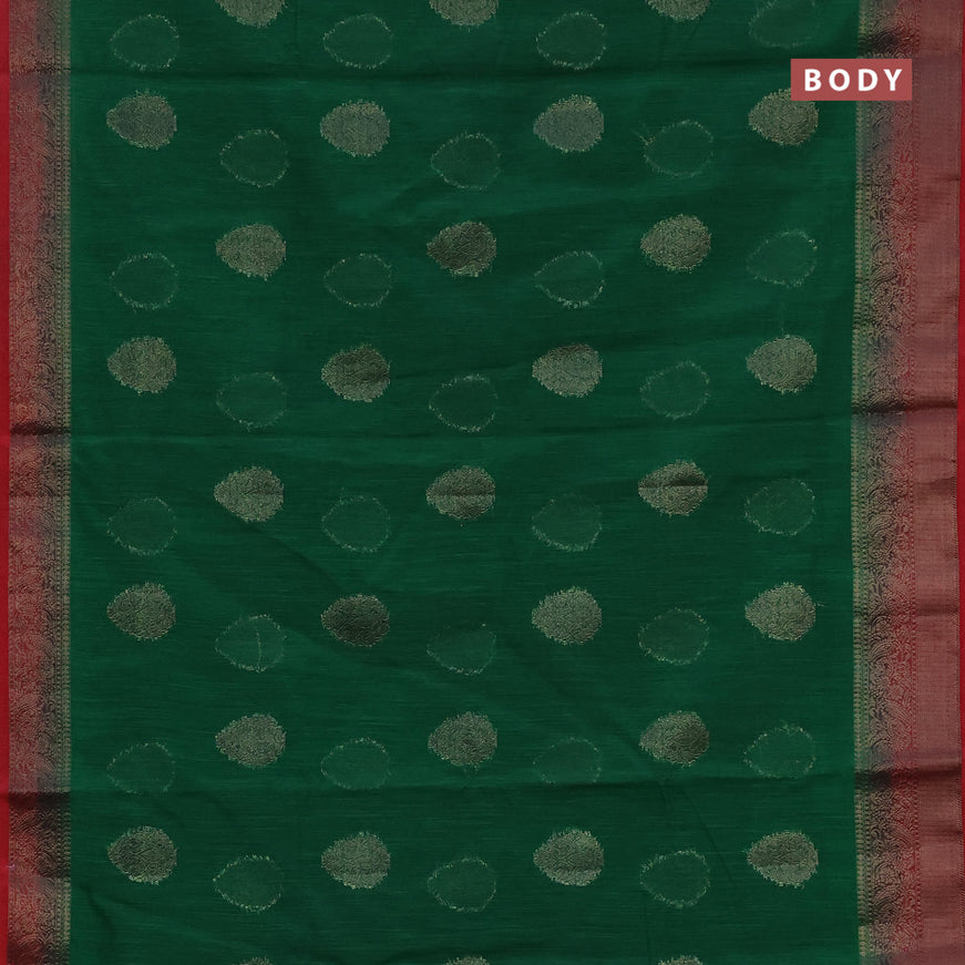 Banarasi semi matka saree green and red with antique zari woven buttas and antique zari border