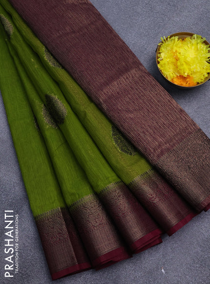 Banarasi semi matka saree light green and magenta pink with antique zari woven buttas and antique zari border