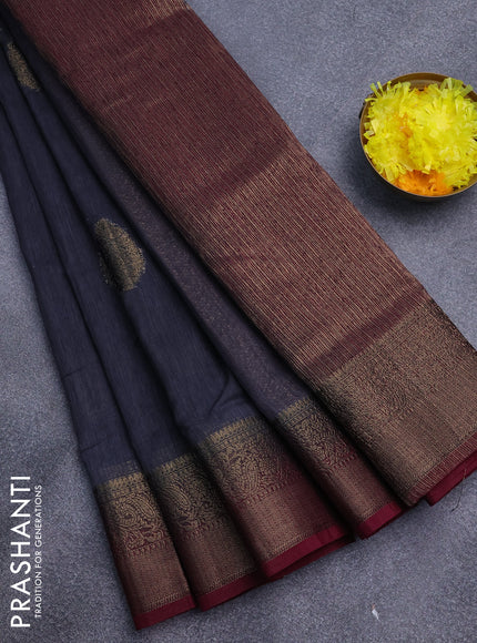 Banarasi semi matka saree dark grey and magenta pink with antique zari woven buttas and antique zari border