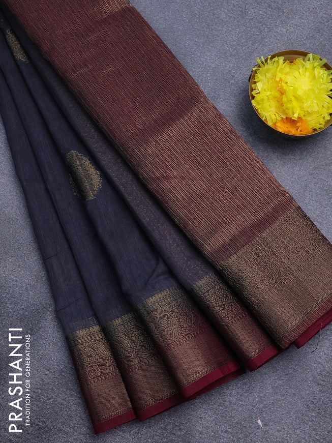 Banarasi semi matka saree dark grey and magenta pink with antique zari woven buttas and antique zari border