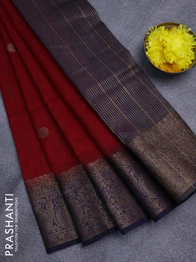 Banarasi semi matka saree red and blue with antique zari woven buttas and antique zari border