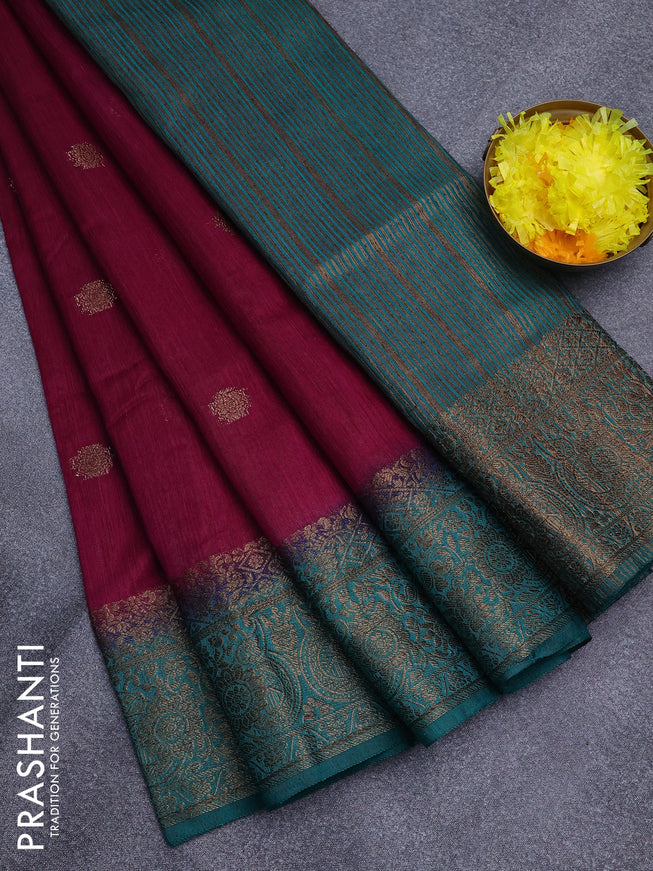 Banarasi semi matka saree purple and teal green with antique zari woven buttas and antique zari border