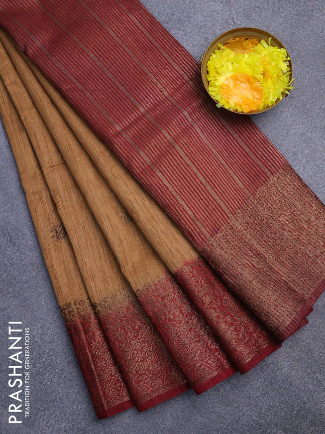 Banarasi semi matka saree sandal and maroon with antique zari woven buttas and antique zari border