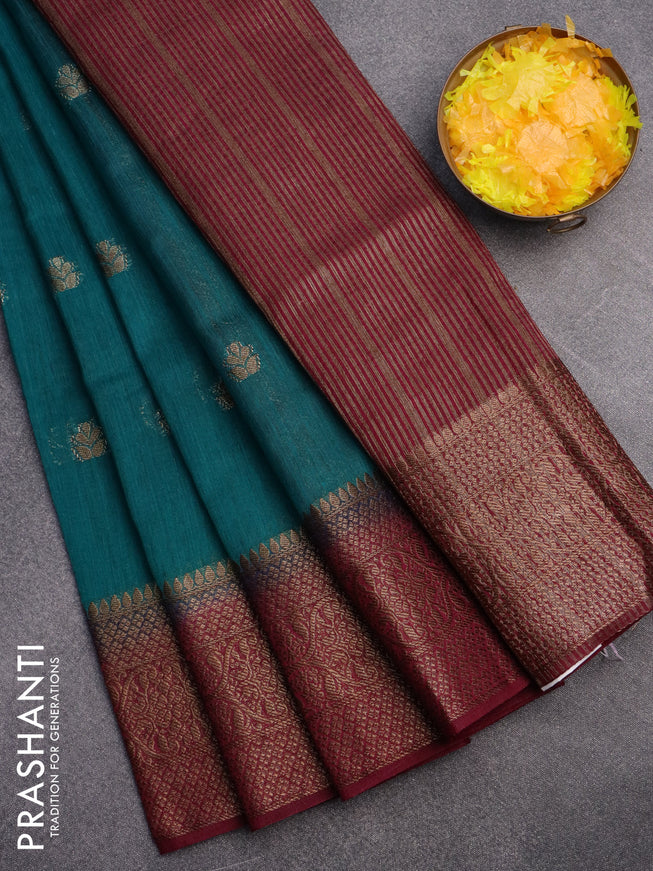 Banarasi semi matka saree teal blue and magenta pink with antique zari woven buttas and antique zari border