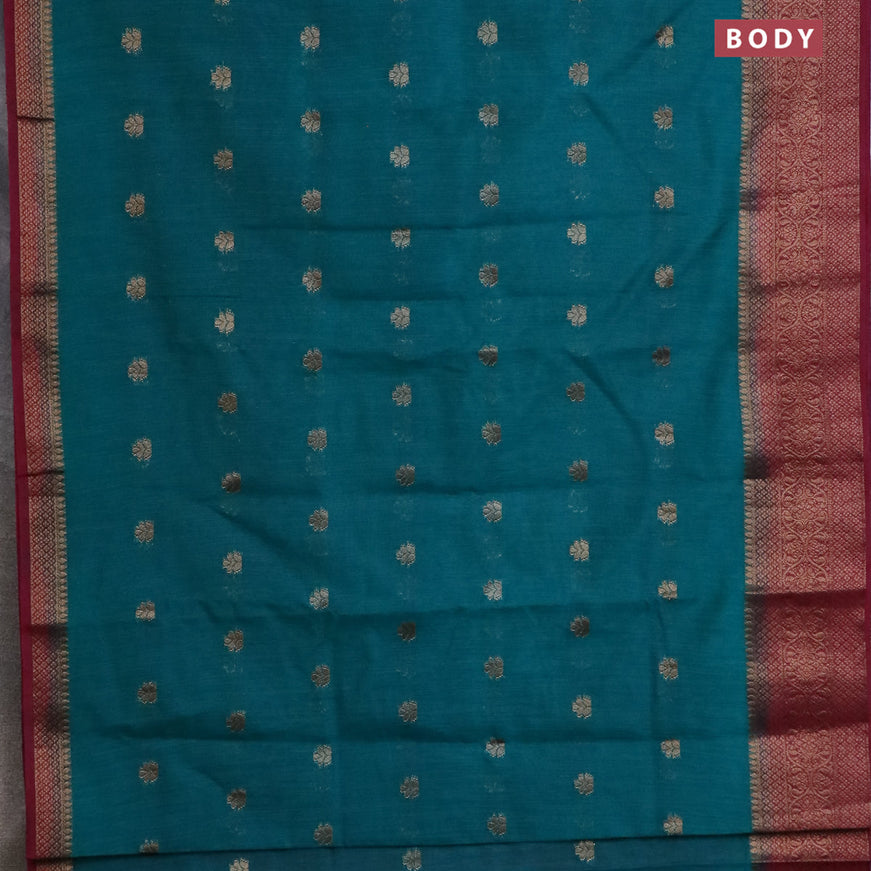 Banarasi semi matka saree teal blue and magenta pink with antique zari woven buttas and antique zari border