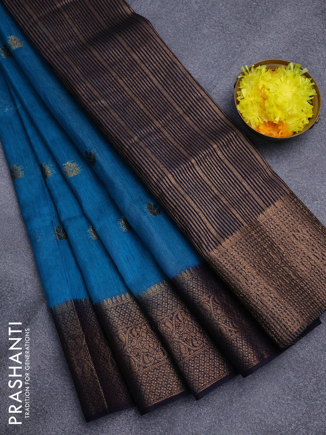 Banarasi semi matka saree teal blue and navy blue with antique zari woven buttas and antique zari border