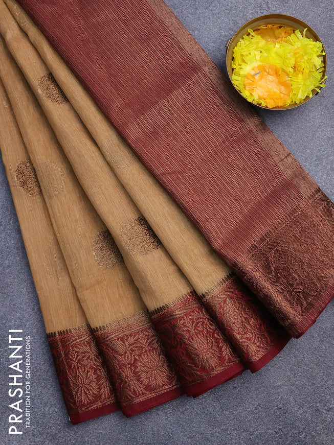 Banarasi semi matka saree sandal and maroon with antique zari woven buttas and antique zari border