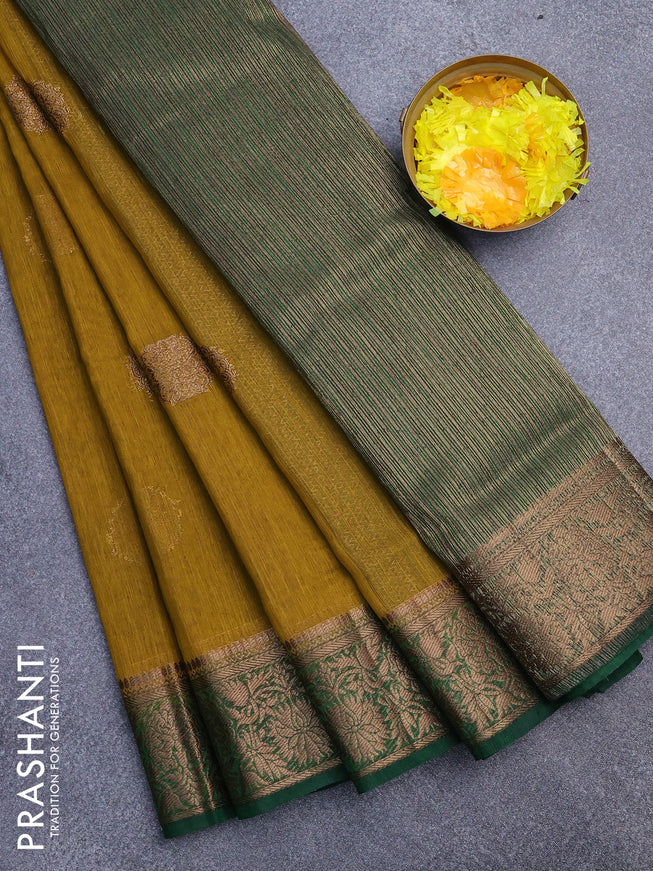 Banarasi semi matka saree mustard yellow and green with antique zari woven buttas and antique zari border