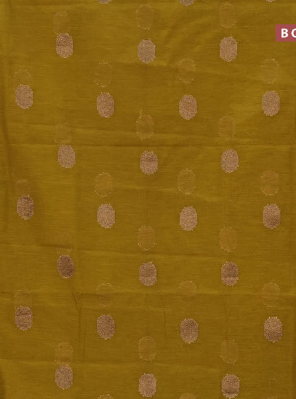 Banarasi semi matka saree mustard yellow and green with antique zari woven buttas and antique zari border