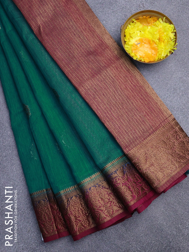 Banarasi semi matka saree teal green and magenta pink with antique zari woven buttas and antique zari border