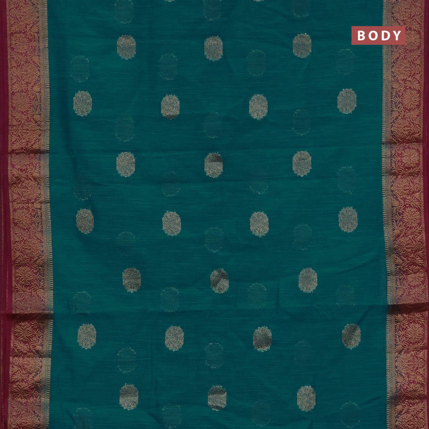 Banarasi semi matka saree teal green and magenta pink with antique zari woven buttas and antique zari border