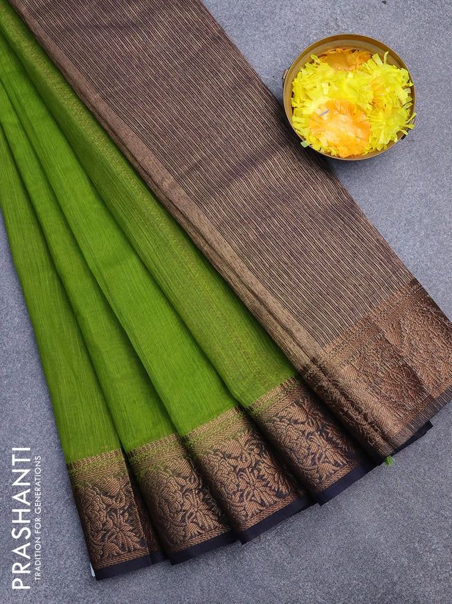 Banarasi semi matka saree light green and dark blue with antique zari woven buttas and antique zari border