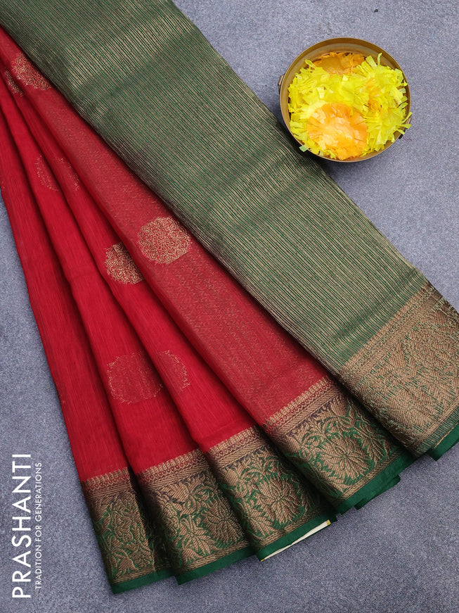 Banarasi semi matka saree red and green with antique zari woven buttas and antique zari border