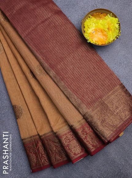 Banarasi semi matka saree sandal and maroon with antique zari woven buttas and antique zari border