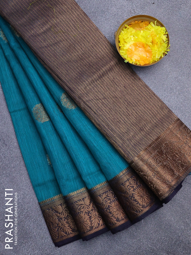 Banarasi semi matka saree teal blue and dark blue with antique zari woven buttas and antique zari border