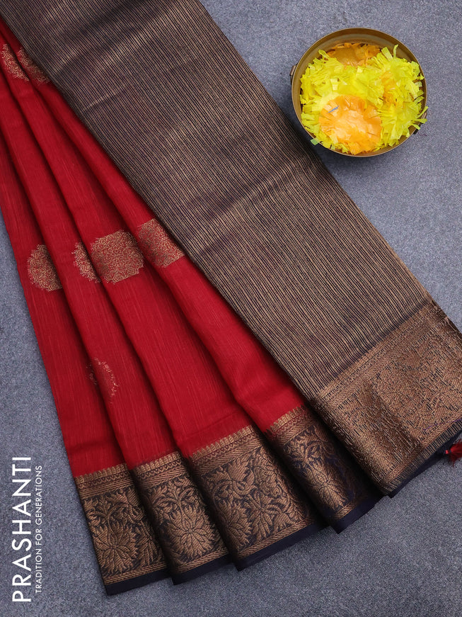 Banarasi semi matka saree red and dark blue with antique zari woven buttas and antique zari border