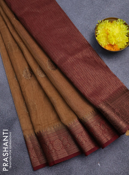 Banarasi semi matka saree sandal and maroon with antique zari woven buttas and antique zari border