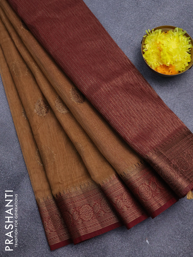 Banarasi semi matka saree sandal and maroon with antique zari woven buttas and antique zari border