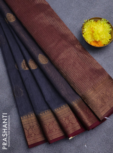 Banarasi semi matka saree grey and dark magenta with antique zari woven buttas and antique zari border