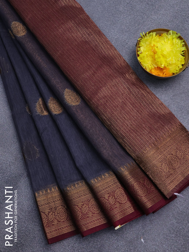 Banarasi semi matka saree grey and dark magenta with antique zari woven buttas and antique zari border