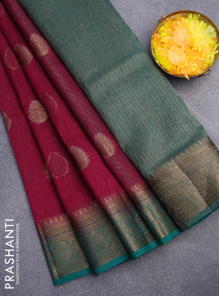 Banarasi semi matka saree dark magenta pink and teal green with antique zari woven buttas and antique zari border