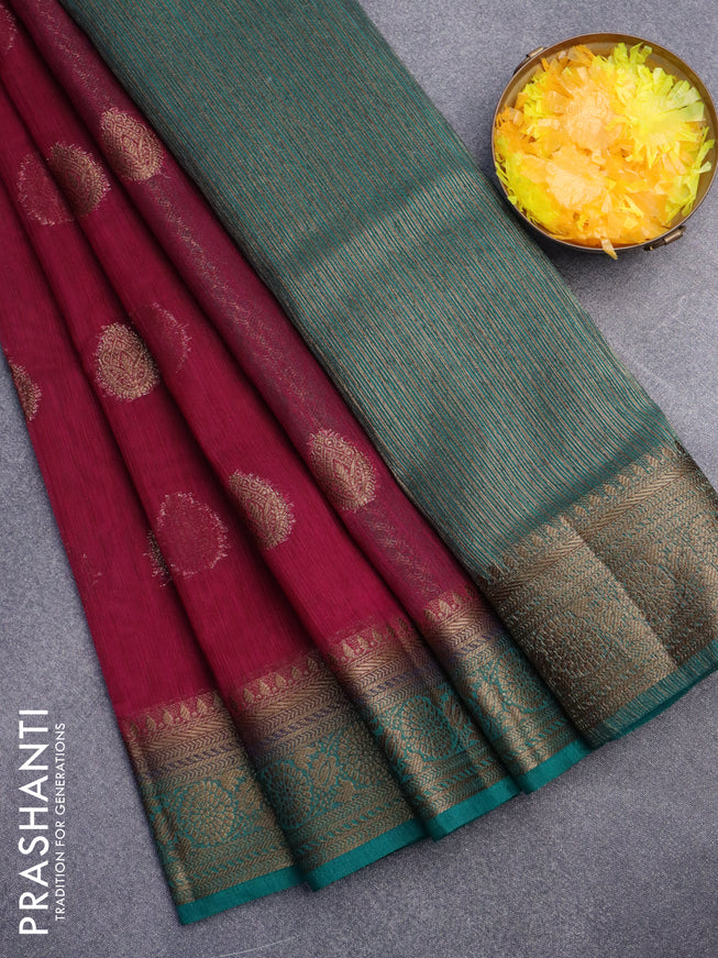 Banarasi semi matka saree dark magenta pink and teal green with antique zari woven buttas and antique zari border