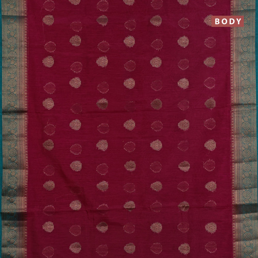 Banarasi semi matka saree dark magenta pink and teal green with antique zari woven buttas and antique zari border