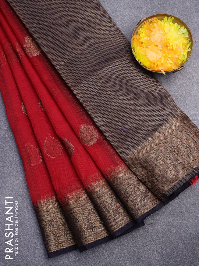 Banarasi semi matka saree red and navy blue with antique zari woven buttas and antique zari border