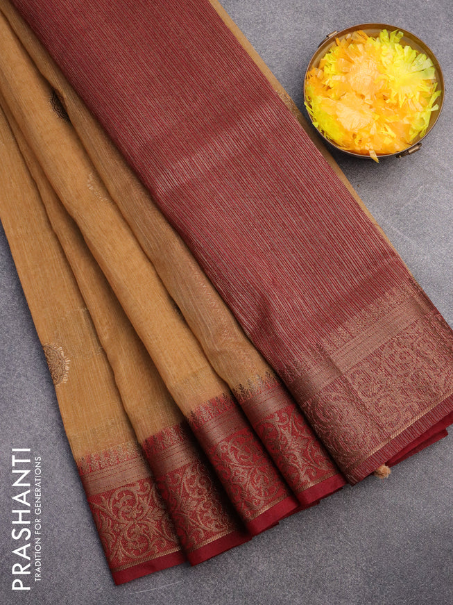 Banarasi semi matka saree sandal and maroon with antique zari woven buttas and antique zari border