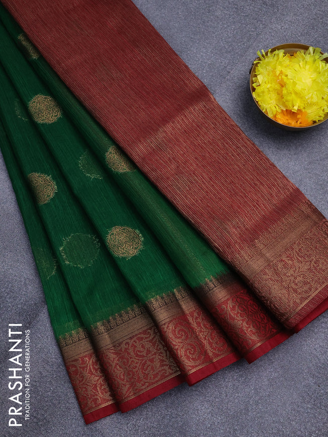 Banarasi semi matka saree green and maroon with antique zari woven buttas and antique zari border