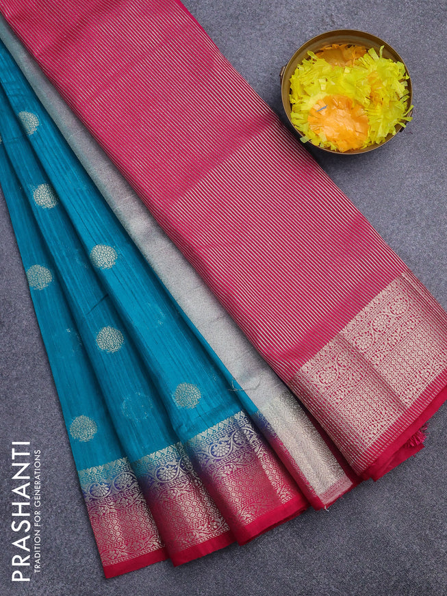 Banarasi semi matka saree teal blue and pink with zari woven buttas and zari woven border