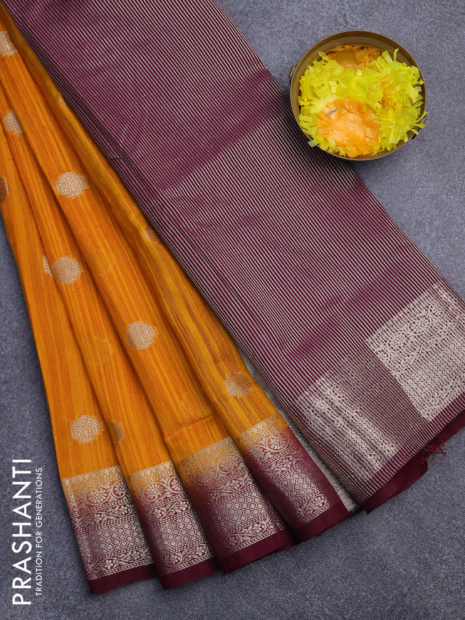 Banarasi semi matka saree mango yellow and dark magenta pink with zari woven buttas and zari woven border