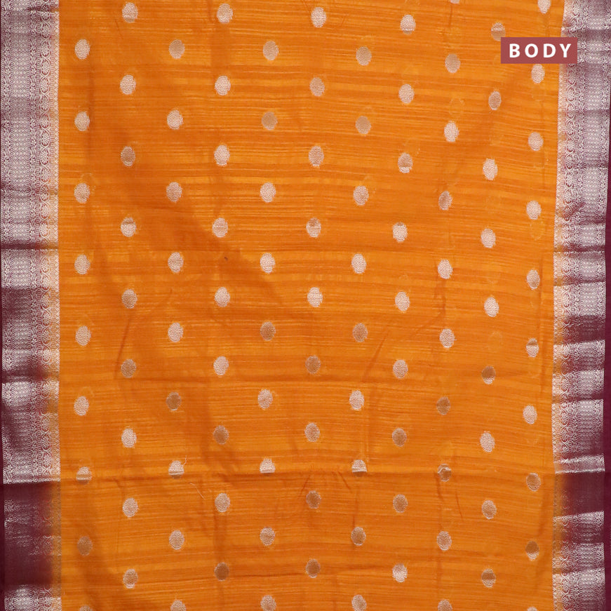 Banarasi semi matka saree mango yellow and dark magenta pink with zari woven buttas and zari woven border