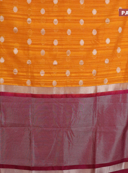 Banarasi semi matka saree mango yellow and dark magenta pink with zari woven buttas and zari woven border