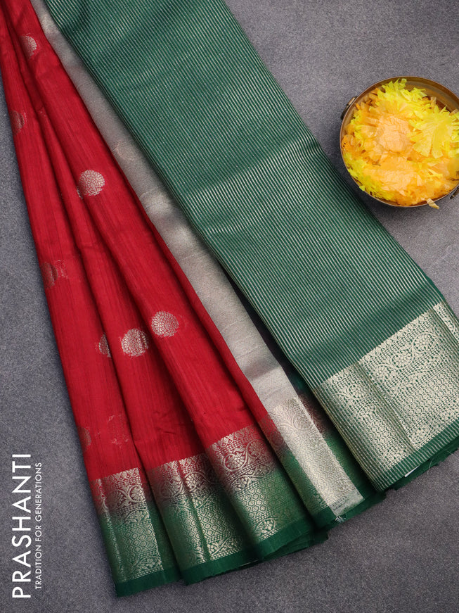 Banarasi semi matka saree red and green with zari woven buttas and zari woven border