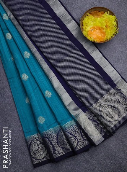 Banarasi semi matka saree teal blue and blue with zari woven buttas and zari woven border