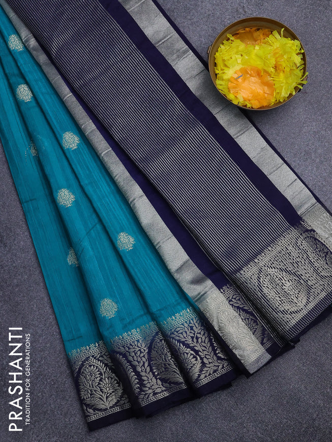 Banarasi semi matka saree teal blue and blue with zari woven buttas and zari woven border