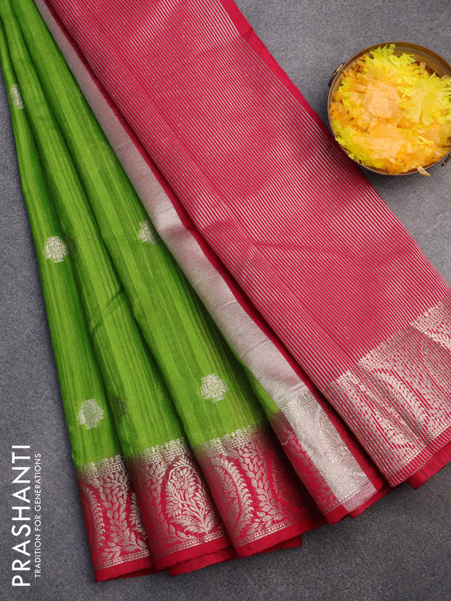 Banarasi semi matka saree light green and pink with zari woven buttas and zari woven border