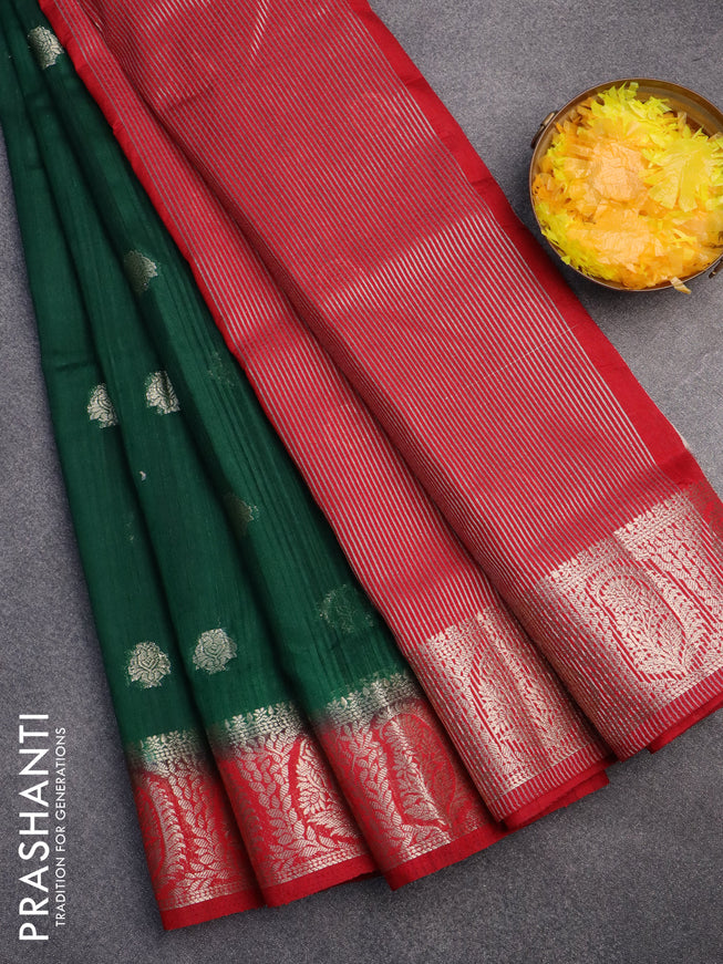 Banarasi semi matka saree green and red with zari woven buttas and zari woven border