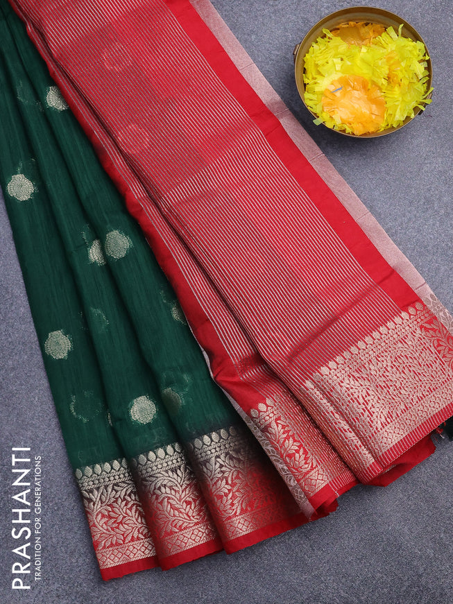 Banarasi semi matka saree green and red with zari woven buttas and zari woven border