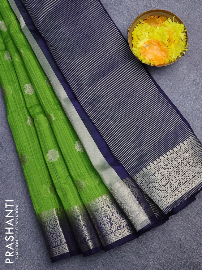 Banarasi semi matka saree light green and blue with zari woven buttas and zari woven border